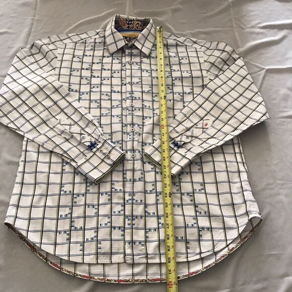 Robert Graham White Blue Check Embroidered Geometric Cotton Long Sleeve Shirt XL - Picture 8 of 9